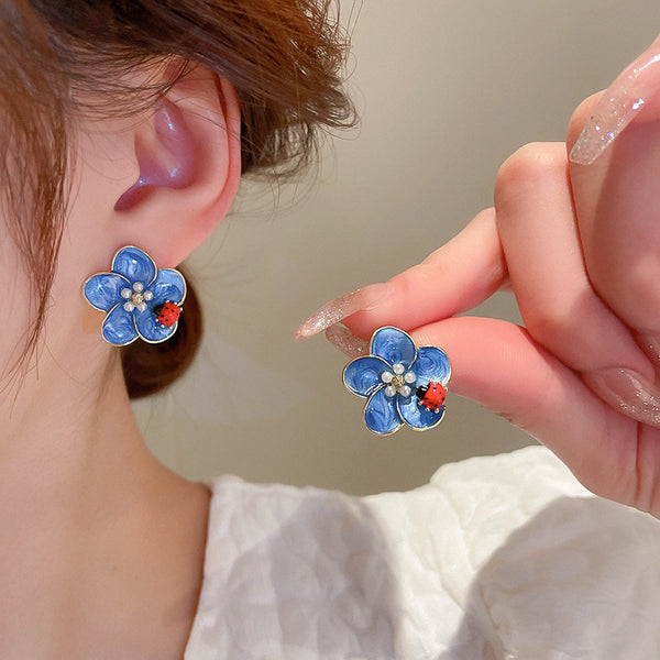 Silver Post Oil Drop Blue Flower Earrings