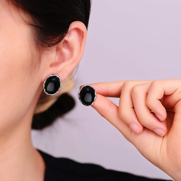 Silver Post Oval Natural Black Agate Stud Earrings