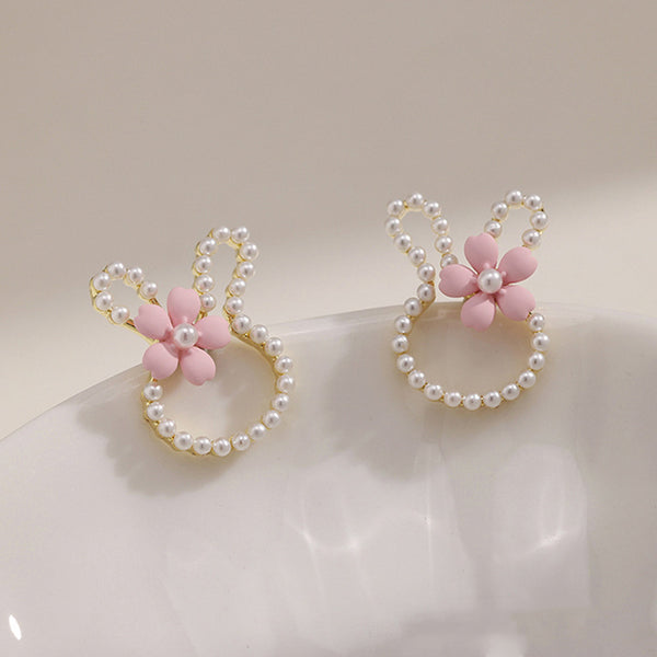 Silver Post Pearl Flower Rabbit Stud Earrings