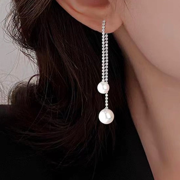 Silver Post Pearl Tassel Earrings