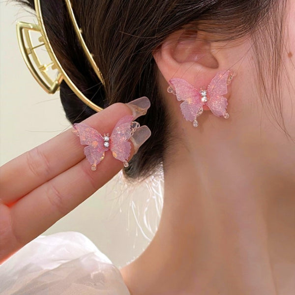 Silver Post Pink Butterfly Stud Earrings