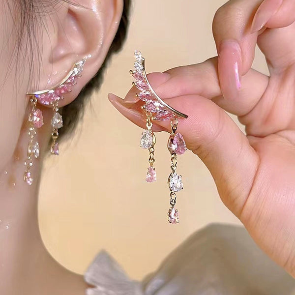 Silver Post Pink Crystal Water Drop Earrings
