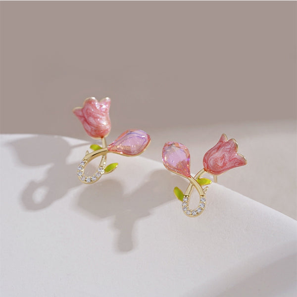 Silver Post Pink Flower Stud Earrings