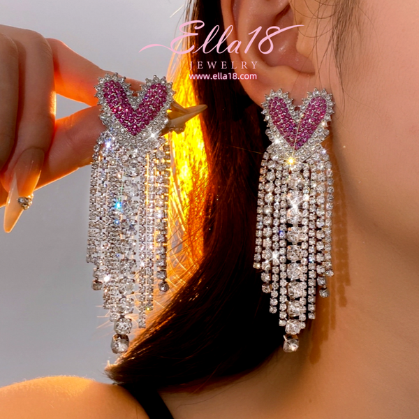 Silver Post Pink Heart Zircon Diamond Tassel Earrings