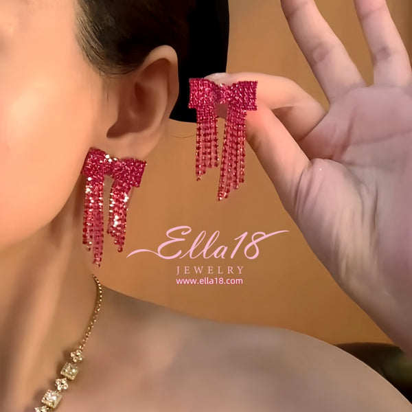 Silver Post Pink Zircon Diamond Bow Tassel Earrings