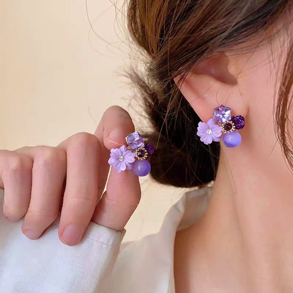 Silver Post Purple Crystal Small Flower Stud Earrings
