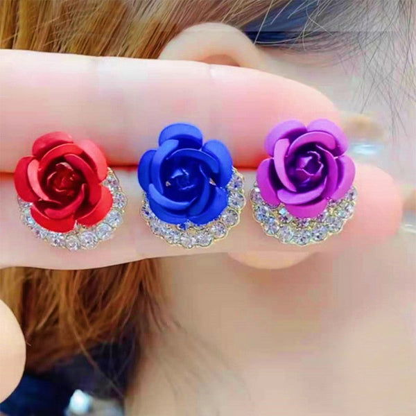 Silver Post Red Blue Purple Rose Stud Earrings
