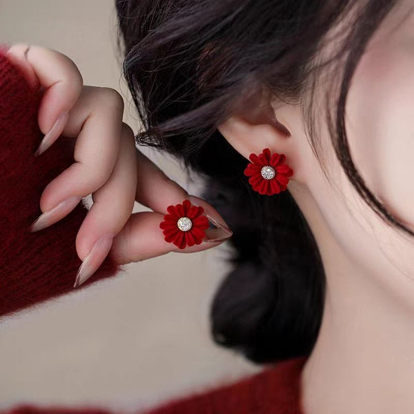 Silver Post Zircon Diamond Red Daisy Flower Stud Earrings