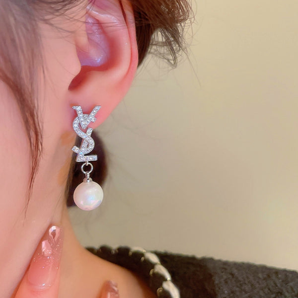 Silver Post Zircon Artificial Pearl Earrings