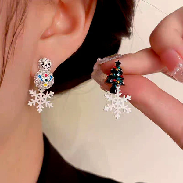 Silver Post Snowman Christmas Tree Snowflake Earrings