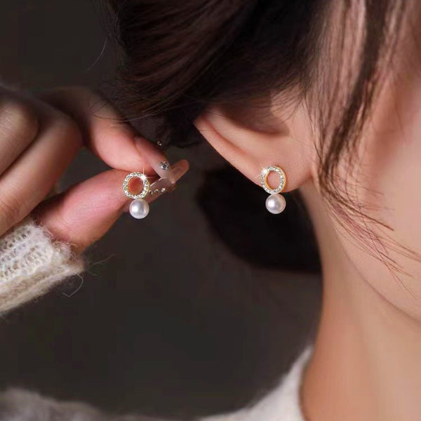 Silver Post Sparkling Diamond Pearl Stud Earrings