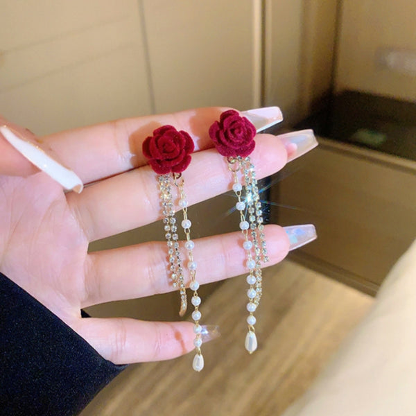 Silver Post Burgundy Rose Pearl Earrings