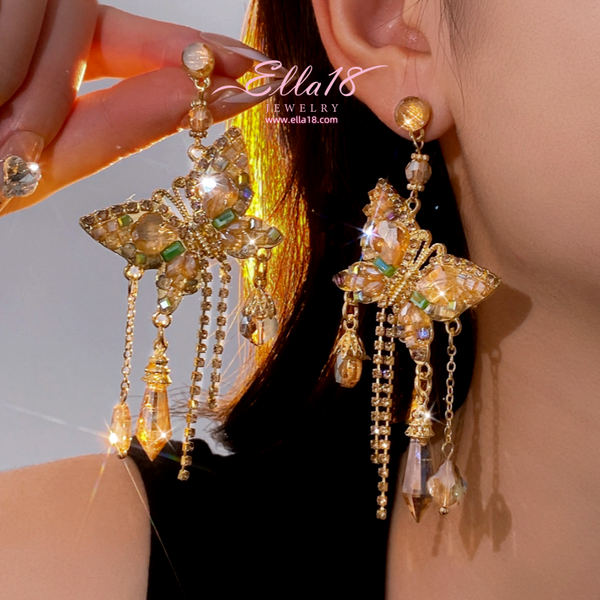 Silver Post Zircon Diamond Butterfly Tassel Earrings
