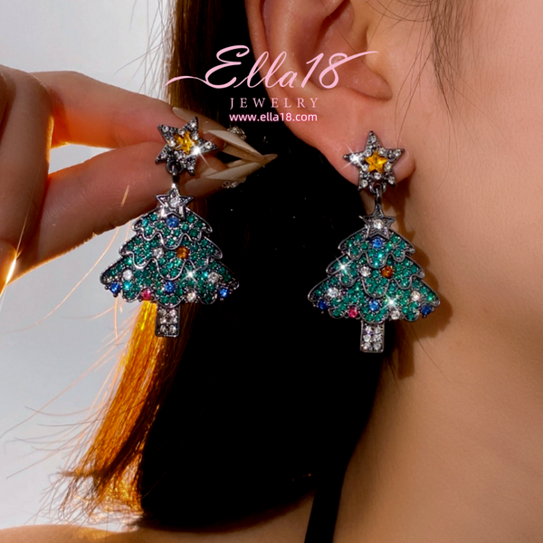 Silver Post Zircon Diamond Christmas Tree Earrings