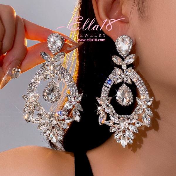 Silver Post Zircon Diamond Flower Water Drop Earrings