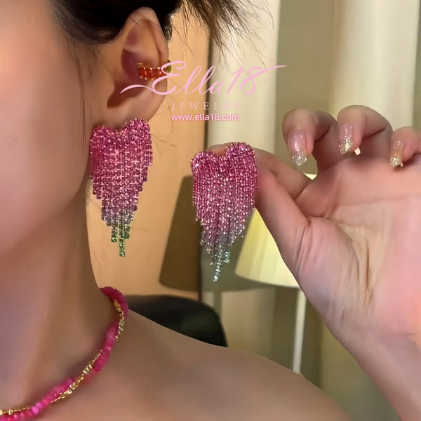 Silver Post Zircon Diamond Heart Tassel Earrings