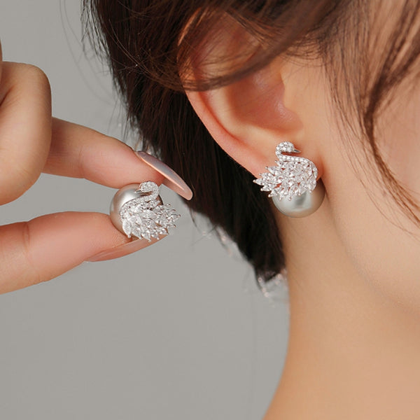 Silver Post Zircon Diamond Swan Pearl Earrings