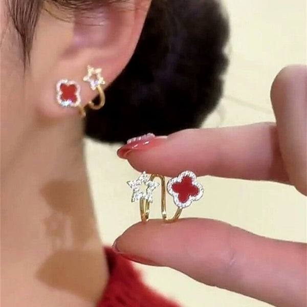 Silver Post Zircon Flower Pentagram Earrings