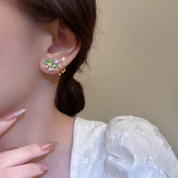 Silver Post Zircon Green Flower Earrings