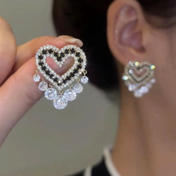 Silver Post Zircon Heart Crystal Earrings