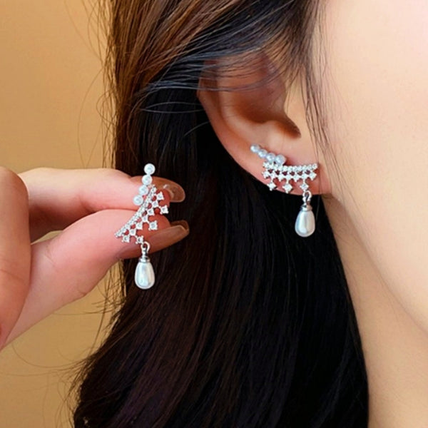 Silver Post Zircon Pearl Earrings