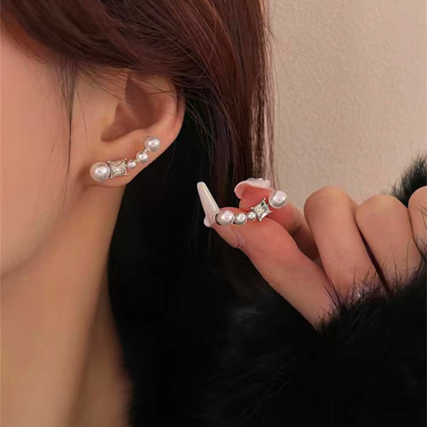 Silver Post Zircon Pearl Stud Earrings