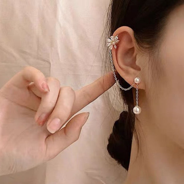 Silver Post Zircon Petal Ear Cuff Earrings