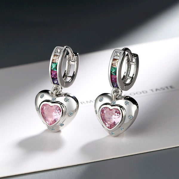 Silver Post Zircon Pink Heart-Design Earrings