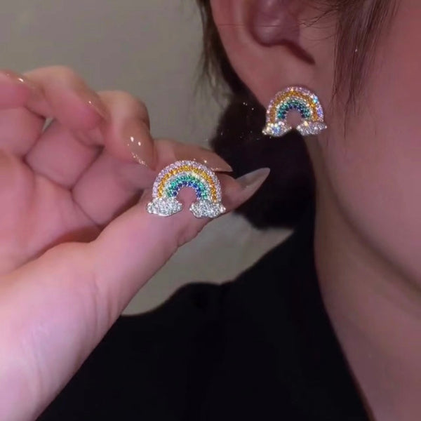 Silver Post Zircon Rainbow Stud Earrings