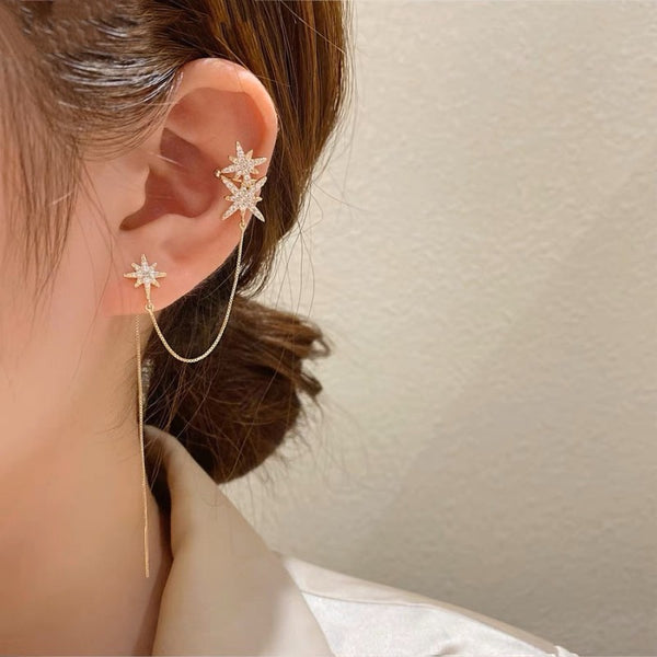 Silver Post Zircon Star Ear Cuff Earrings