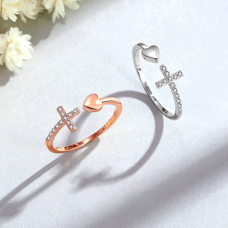 Sterling Silver Adjustable Cross Love Heart Rings – Ella18