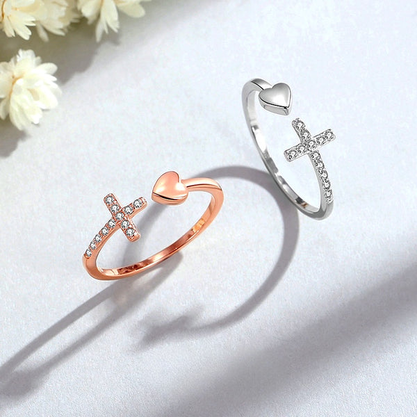 Sterling Silver Adjustable Cross Love Heart Rings