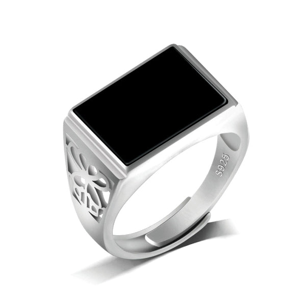 Sterling Silver Black Ice Jade Men's Wedding Ring