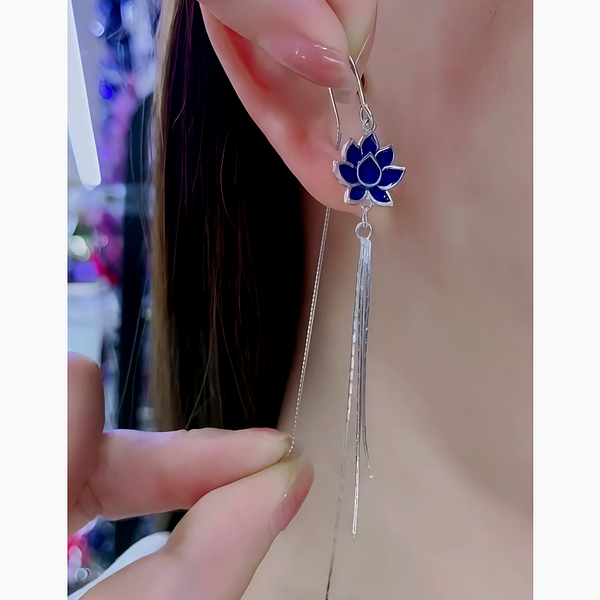 Sterling Silver Blue Lotus Tassel Threader Earrings