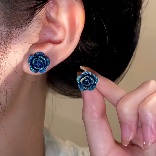 Sterling Silver Blue Rose Stud Earrings