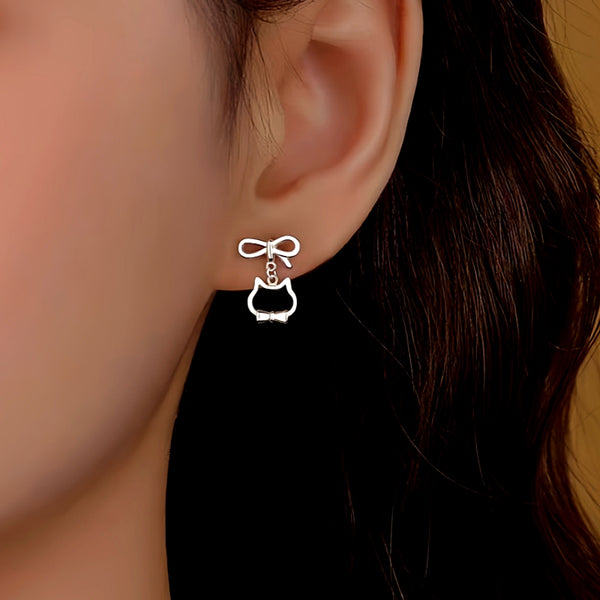 Sterling Silver Bow Cat Earrings