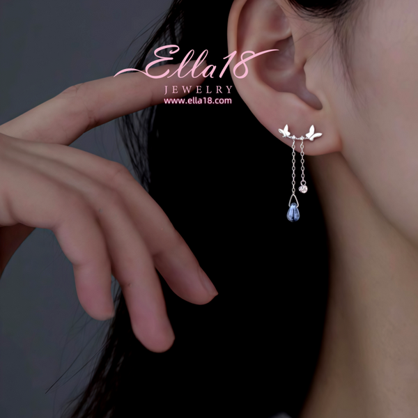Sterling Silver Butterfly Zircon Diamond Water Drop Tassel Earrings