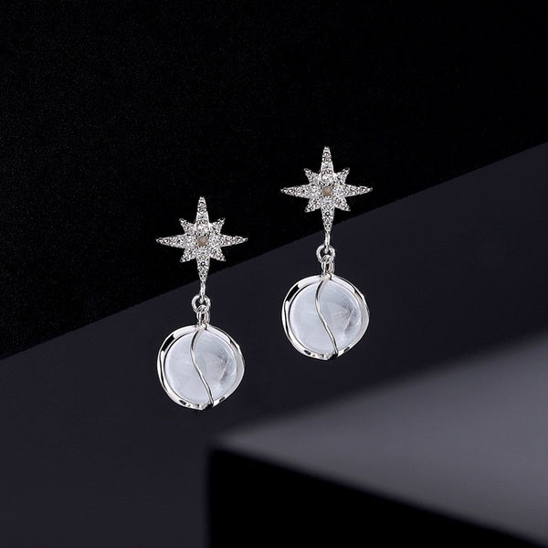 Sterling Silver Cat's Eye Stone Zircon Eight-Pointed Star Earrings