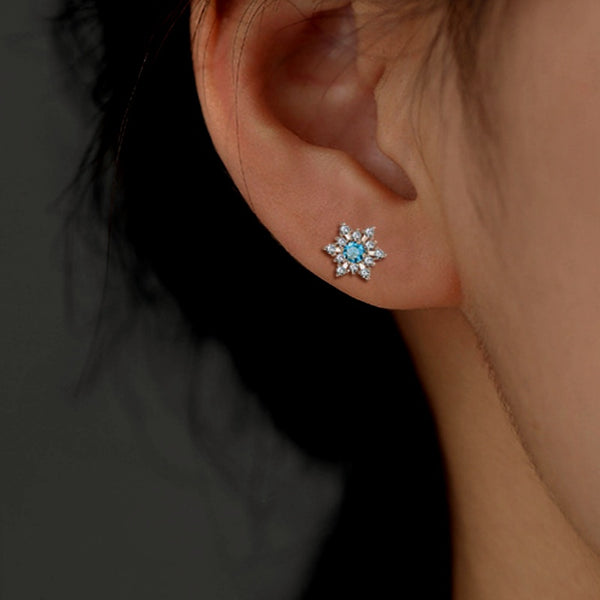 Sterling Silver Christmas Blue Diamond Snowflake Stud Earrings