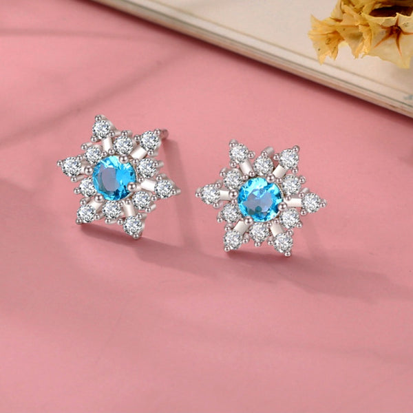 Sterling Silver Christmas Blue Diamond Snowflake Stud Earrings