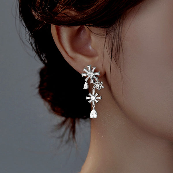 Sterling Silver Christmas Diamond Snowflake Earrings