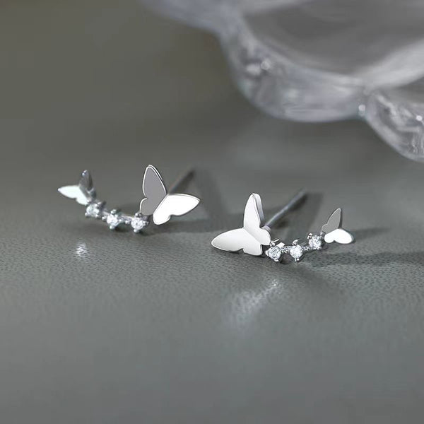 Sterling Silver Curved Double Butterfly Stud Earrings