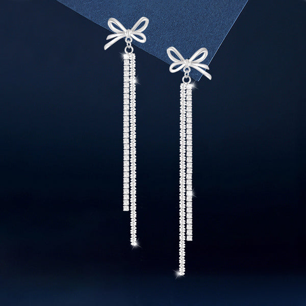 Sterling Silver Diamond Bow Tassel Earrings