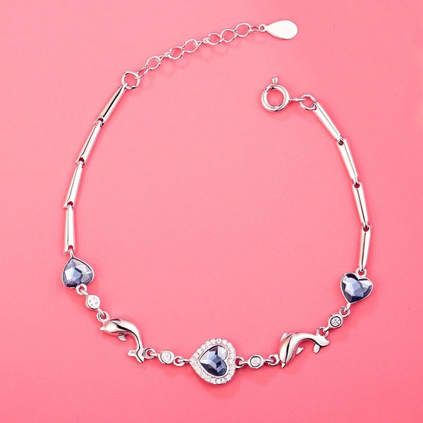 Sterling Silver Diamond Dolphin Heart Bracelets