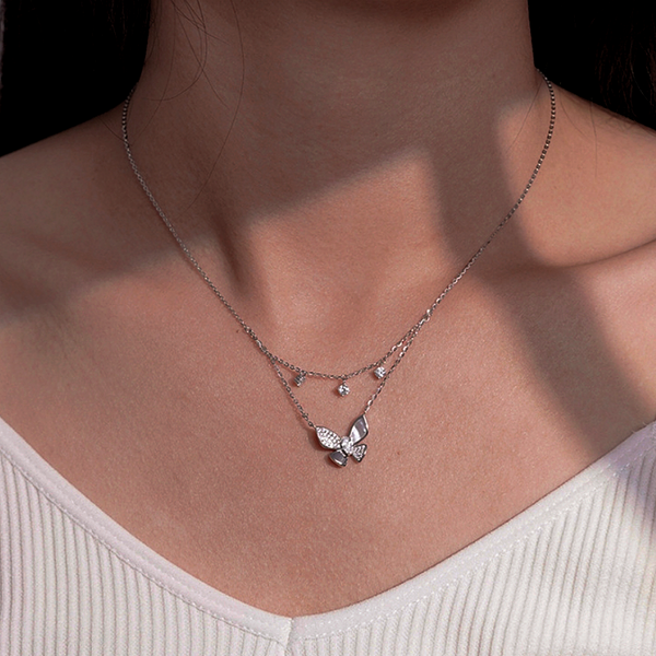 Sterling Silver Diamond Double-Layer Butterfly Necklace