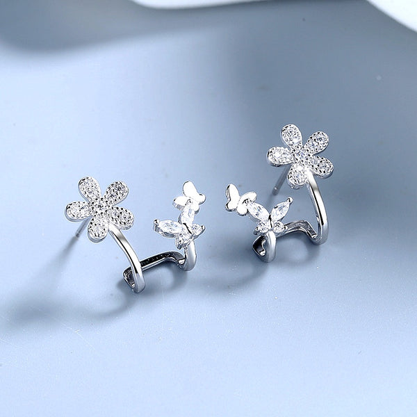 Sterling Silver Diamond Flower And Butterfly Earrings