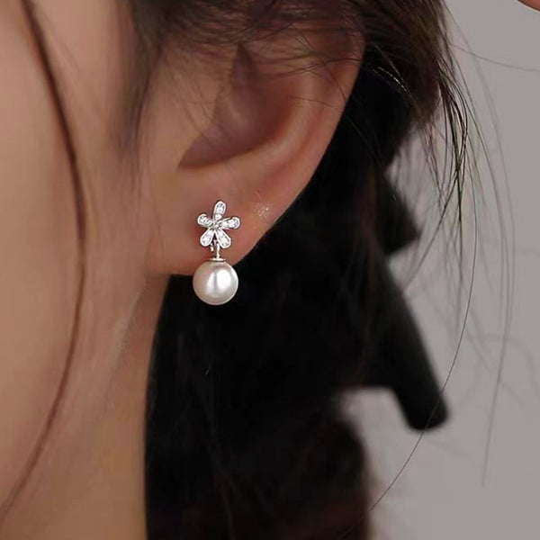 Sterling Silver Diamond Flower Pearl Earrings