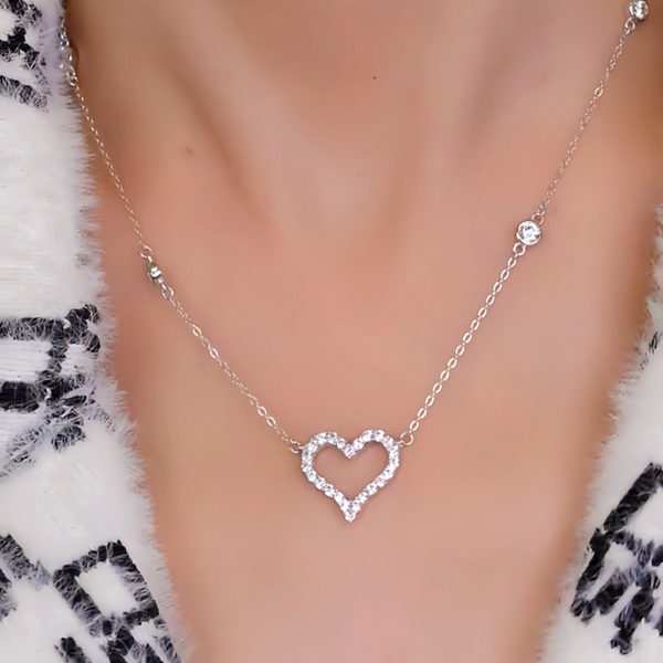 Sterling Silver Diamond Hollow Heart Necklaces