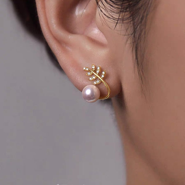 Sterling Silver Diamond Leaf Pearl Stud Earrings