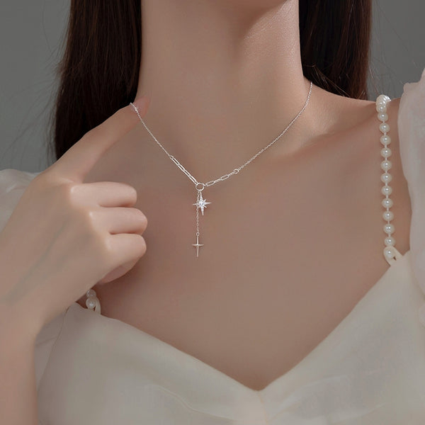 Sterling Silver Diamond Starburst Y-Shaped Clavicle Chain Necklaces